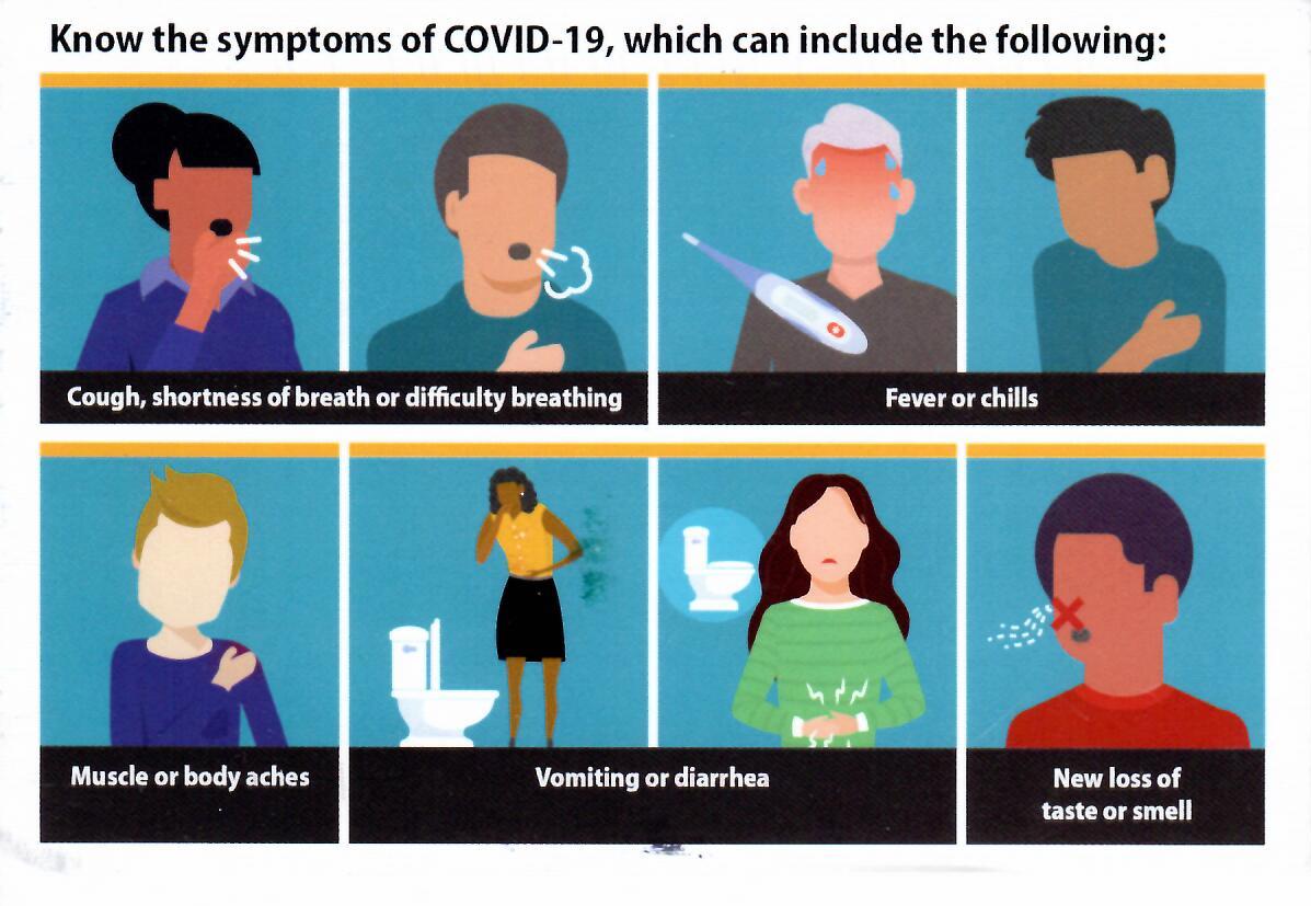 "Знай симптомы коронавируса, которые могут включать: кашель, одышка и затруднённое дыхание; лихорадка и озноб; мышечные боли; рвота или диарея; потеря вкуса и обоняния". Открытка из США. 